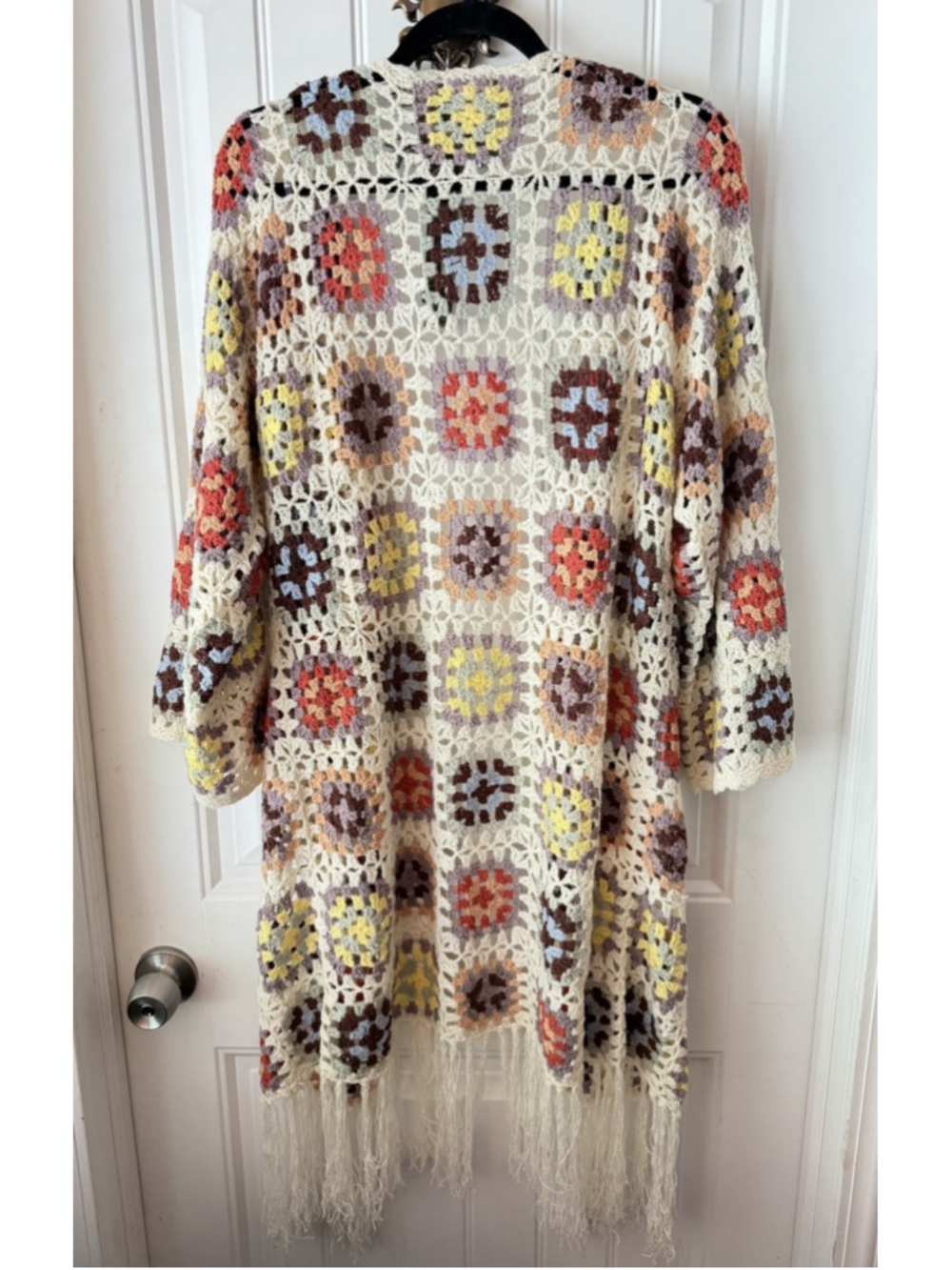 POL Crochet Granny Square Cardigan L Boho Duster Fringe Hippie Festival - Picture 4 of 7